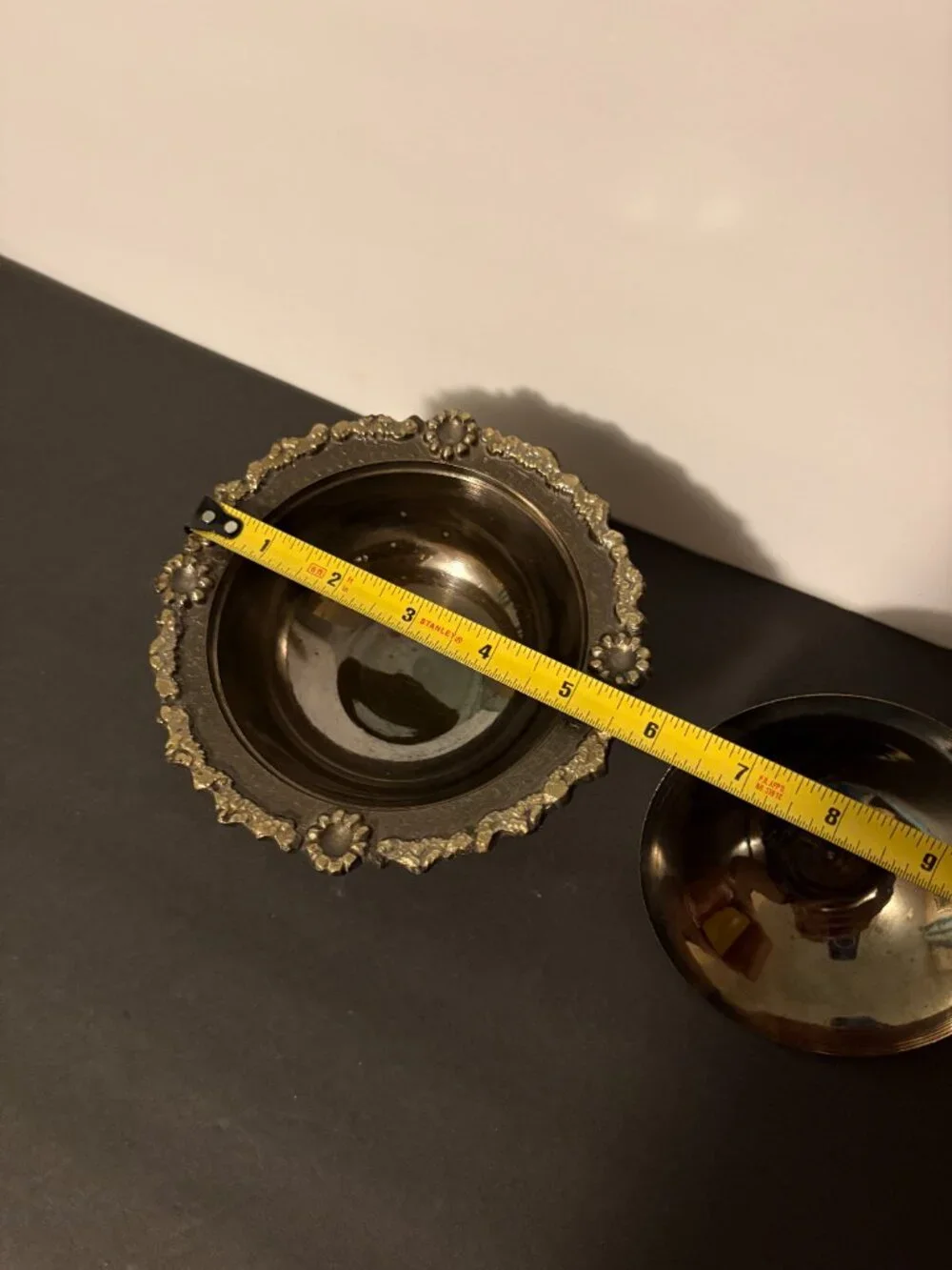 Vintage Black and Gold Enameled Embossed Brass Covered Tooted Dish